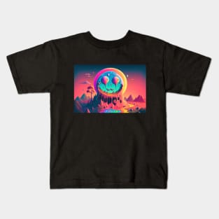 Paint Drip Smiley Face Mountain - Psychedelic Landscape - Paint Dripping 3D Illustration - Colorful Haunted Nature Scene Kids T-Shirt